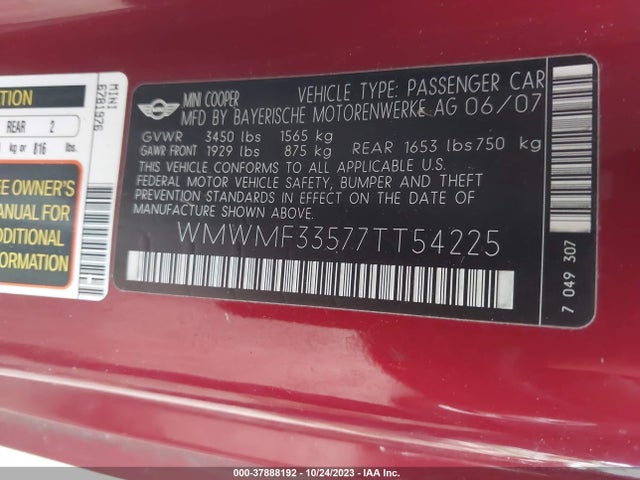 2007 MINI COOPER HARDTOP WMWMF33577TT54225 Photo 8