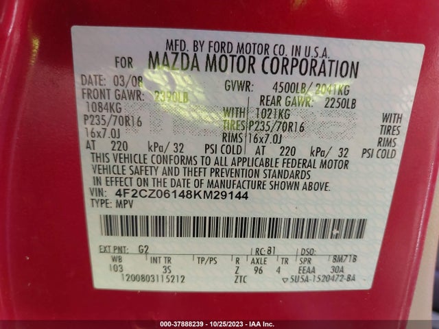 2008 MAZDA TRIBUTE SPORT VIN: 4F2CZ06148KM29144
