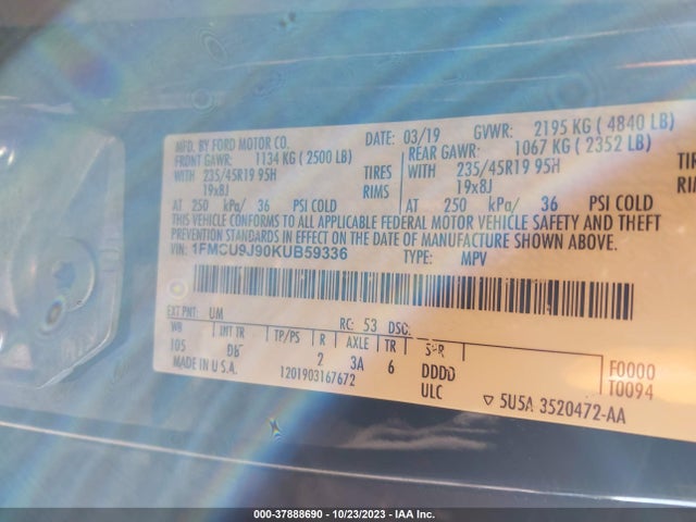 2019 FORD ESCAPE TITANIUM VIN: 1FMCU9J90KUB59336