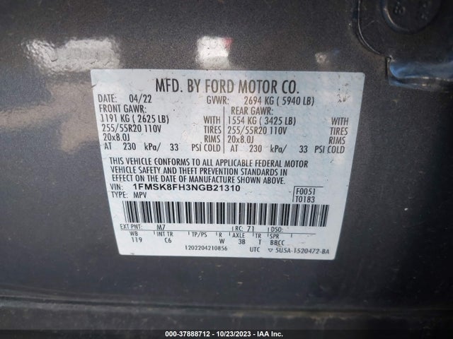 Ford Explorer Limited 2022 1FMSK8FH3NGB21310 Image 9