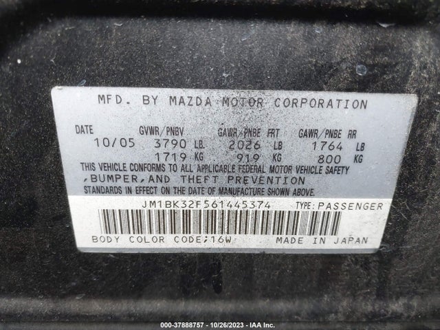 2006 MAZDA MAZDA3 I TOURING VIN: JM1BK32F561445374