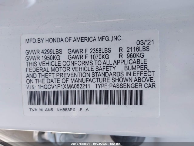 2021 HONDA ACCORD LX VIN: 1HGCV1F1XMA052211