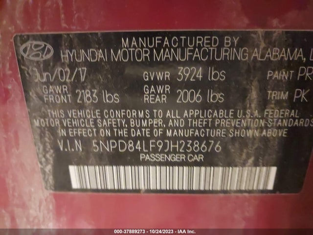 2018 HYUNDAI ELANTRA SEL VIN: 5NPD84LF9JH238676