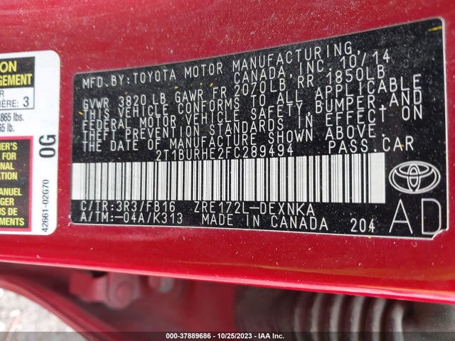 2015 TOYOTA COROLLA L/LE/S/S PLUS/LE PLUS VIN: 2T1BURHE2FC289494