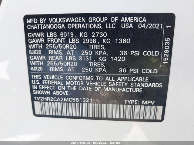 1V2HR2CA2MC581321 Volkswagen Atlas 3.6l V6 Se W/technology