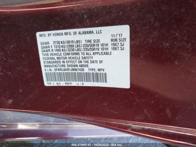 5FNRL6H91JB067438 Honda Odyssey Elite