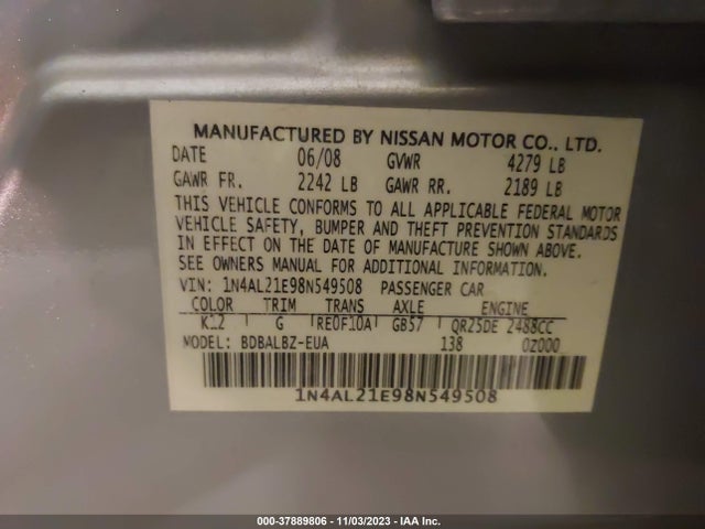 2008 Nissan Altima 2.5 S მანქანა იყიდება აუქციონზე, vin: 1N4AL21E98N549508, აუქციონის ნომერი: 37889806