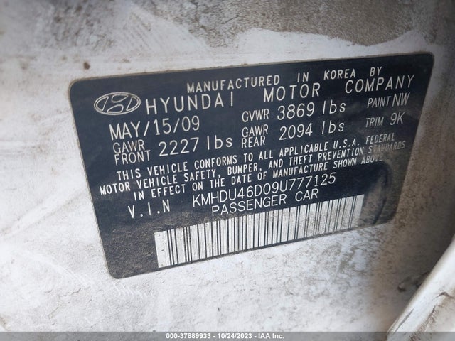 2009 HYUNDAI ELANTRA GLS VIN: KMHDU46D09U777125