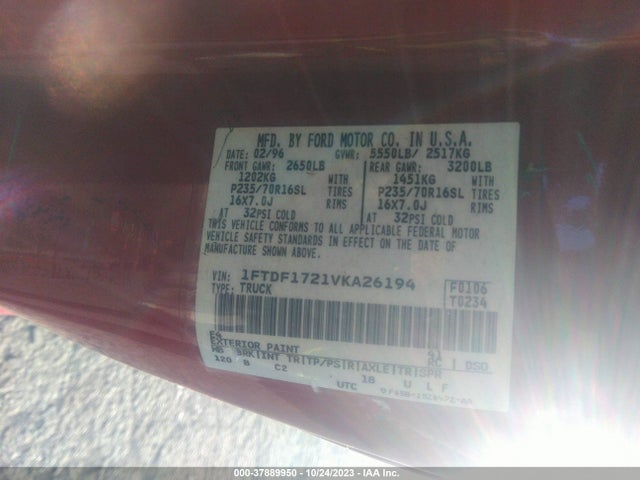 1997 FORD F-150 STANDARD STANDARD/XL/XLT VIN: 1FTDF1721VKA26194
