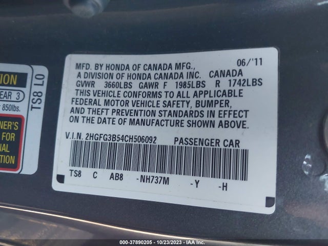 2012 HONDA CIVIC LX VIN: 2HGFG3B54CH506092