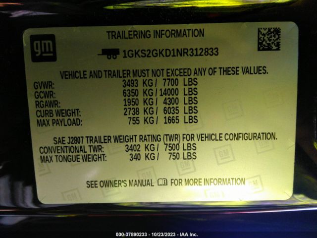 1GKS2GKD1NR312833 GMC Yukon Xl Slt