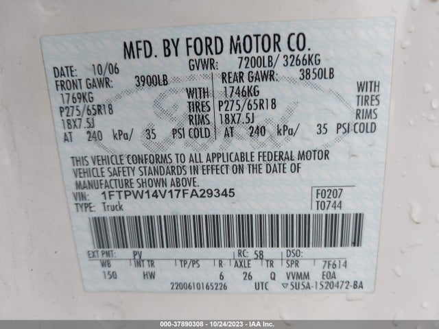 2007 FORD F-150 XLT/LARIAT/FX4 VIN: 1FTPW14V17FA29345