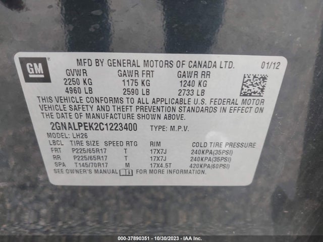 2012 CHEVROLET EQUINOX LT W/2LT VIN: 2GNALPEK2C1223400