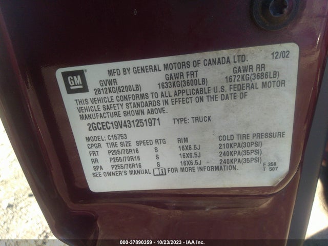 2003 CHEVROLET SILVERADO 1500 LS VIN: 2GCEC19V431251971