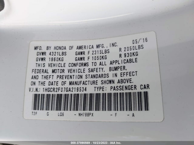 2016 HONDA ACCORD EX VIN: 1HGCR2F07GA219534