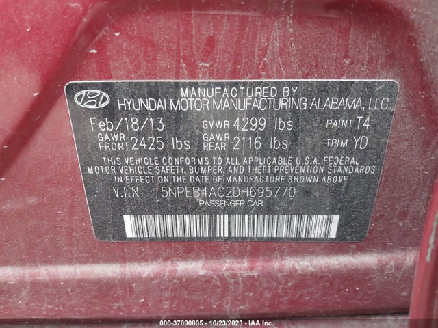 2013 HYUNDAI SONATA GLS VIN: 5NPEB4AC2DH695770