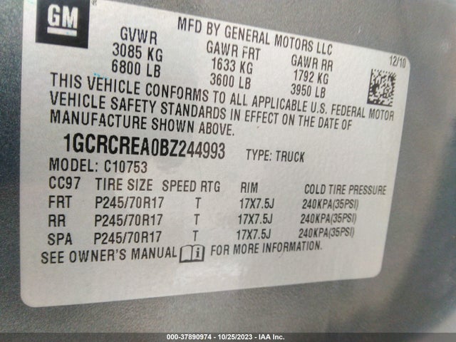 2011 CHEVROLET SILVERADO 1500 LS VIN: 1GCRCREA0BZ244993
