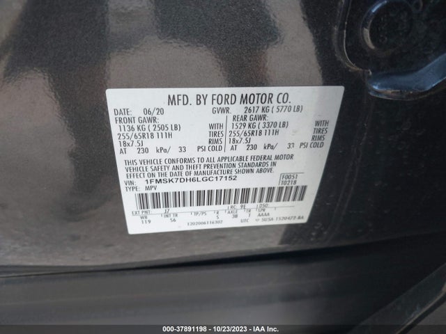 2020 FORD EXPLORER XLT VIN: 1FMSK7DH6LGC17152