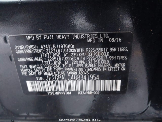 2016 SUBARU CROSSTREK 2.0I LIMITED VIN: JF2GPALC4G8341954