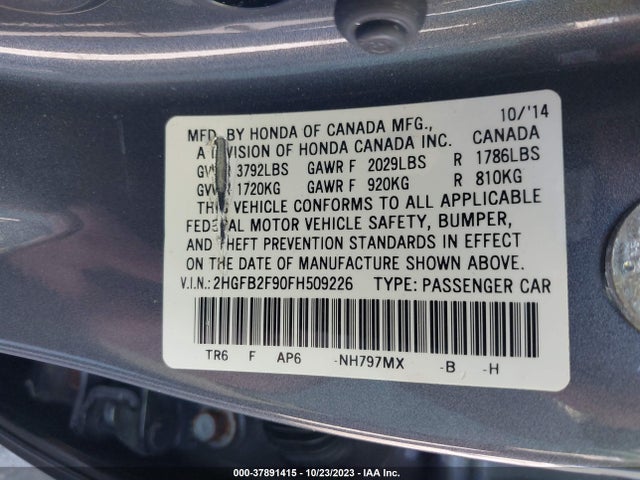2015 HONDA CIVIC EX-L VIN: 2HGFB2F90FH509226