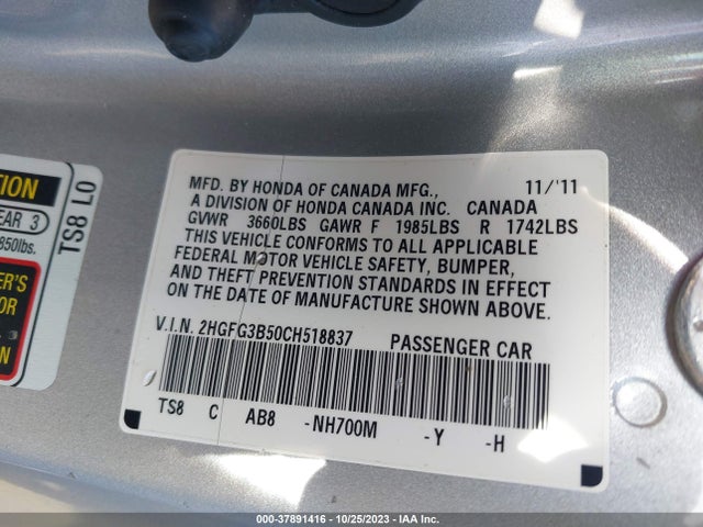 2012 HONDA CIVIC LX VIN: 2HGFG3B50CH518837