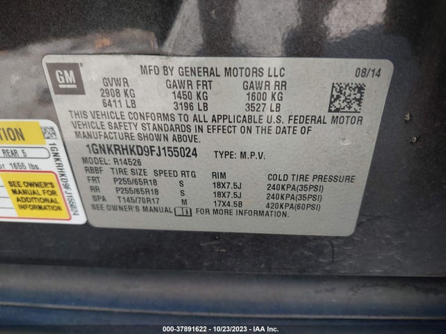 Chevrolet Traverse 2lt 2015 1GNKRHKD9FJ155024 Image 9