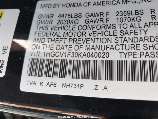 2019 HONDA ACCORD SPORT VIN: 1HGCV1F30KA040020