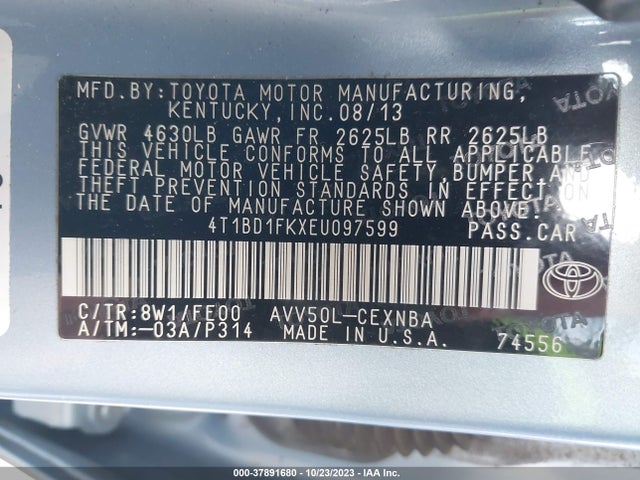 2014 TOYOTA CAMRY HYBRID LE/XLE/SE LIMITED EDITION VIN: 4T1BD1FKXEU097599