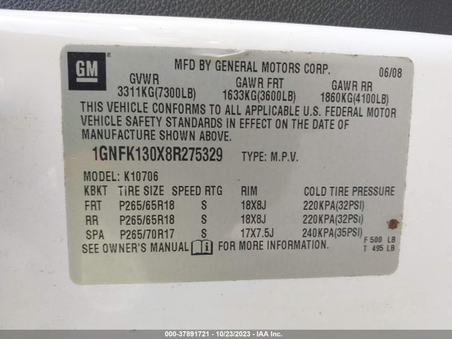 2008 CHEVROLET TAHOE 1GNFK130X8R275329 Photo 8