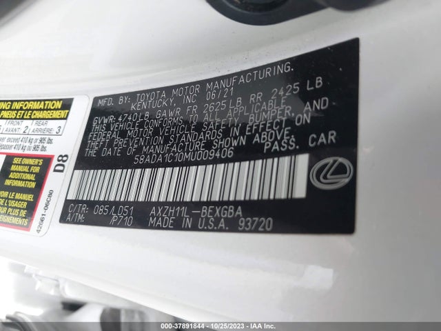 2021 LEXUS ES 300H VIN: 58ADA1C10MU009406