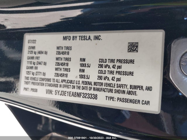 Tesla MODEL 3 2022 5YJ3E1EA8NF323338 Image 9