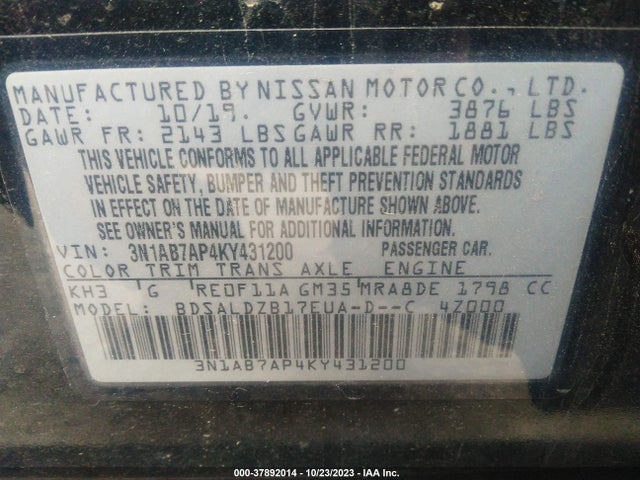 2019 NISSAN SENTRA SV VIN: 3N1AB7AP4KY431200