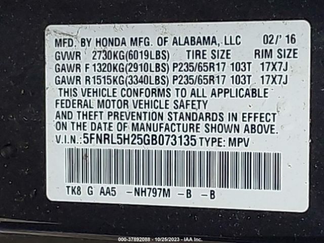 5FNRL5H25GB073135 Honda ODYSSEY LX