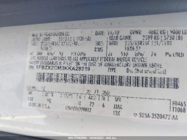 1FBZX2CM3KKA28819 Ford Transit Passenger Wagon Xl/xlt
