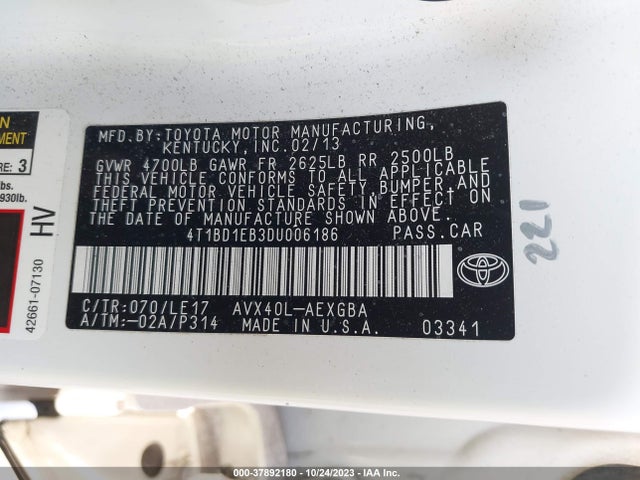 2013 TOYOTA AVALON HYBRID XLE PREMIUM VIN: 4T1BD1EB3DU006186