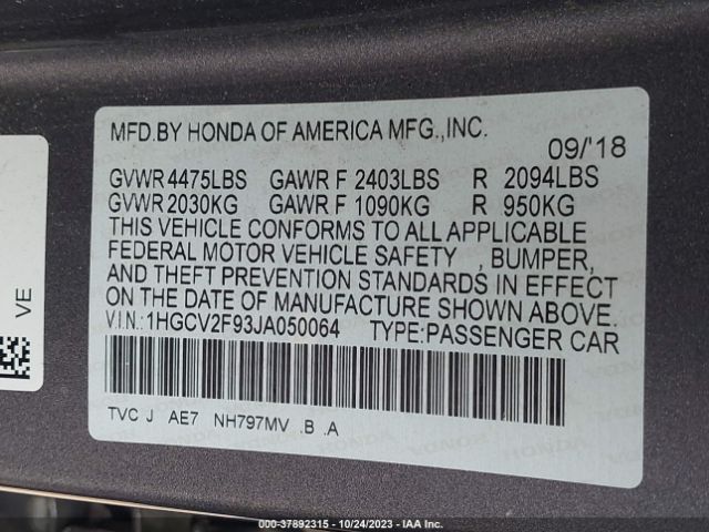 1HGCV2F93JA050064 Honda Accord Sedan Touring 2.0t