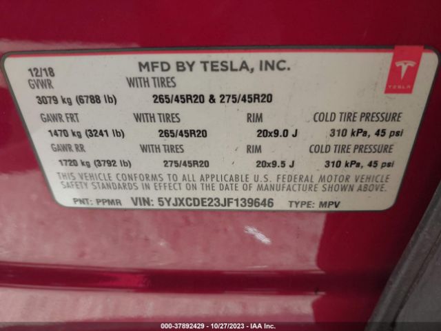 5YJXCDE23JF139646 Tesla Model X 75d/100d/p100d