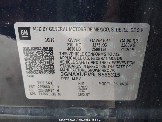 2020 CHEVROLET EQUINOX AWD LT 1.5L TURBO VIN: 3GNAXUEV9LS565315