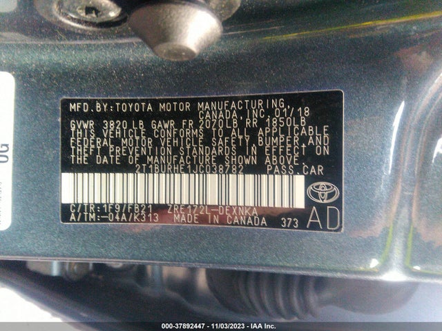2018 TOYOTA COROLLA LE VIN: 2T1BURHE1JC038782