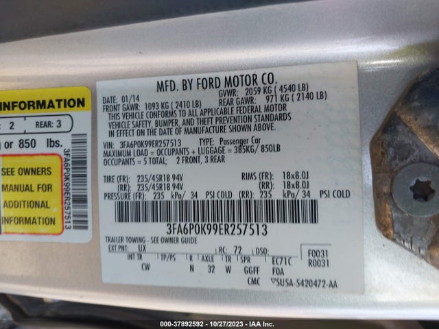 2014 FORD FUSION TITANIUM VIN: 3FA6P0K99ER257513