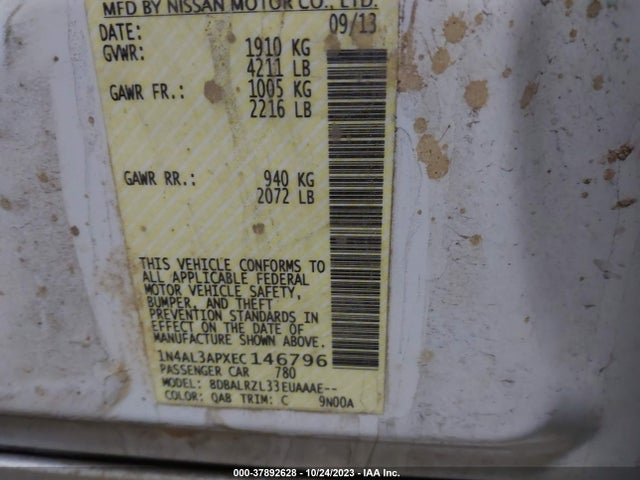 2014 Nissan Altima 2.5 S მანქანა იყიდება აუქციონზე, vin: 1N4AL3APXEC146796, აუქციონის ნომერი: 37892628