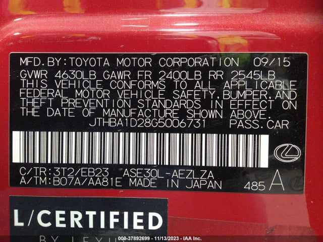 2016 LEXUS IS 200T VIN: JTHBA1D28G5006731
