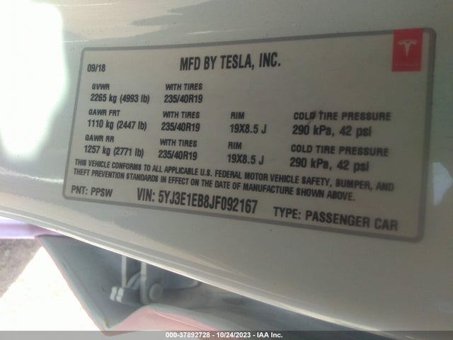 5YJ3E1EB8JF092167 Tesla Model 3 Performance/long Range