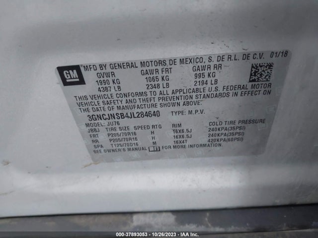 Chevrolet TRAX LS 2018 3GNCJNSB4JL284640 Image 9