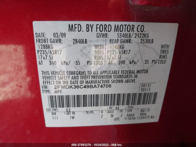 2009 FORD EDGE SE VIN: 2FMDK36C49BA74706
