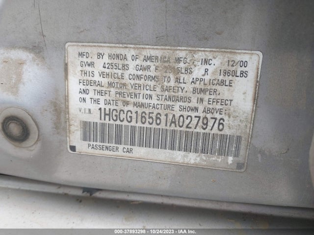 2001 HONDA ACCORD SDN EX W/LEATHER VIN: 1HGCG16561A027976