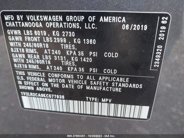 1V2LR2CA9KC577838 Volkswagen Atlas 3.6l V6 Se