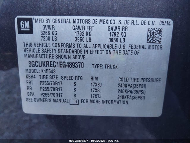 2014 CHEVROLET SILVERADO 1500 LT VIN: 3GCUKREC1EG489370