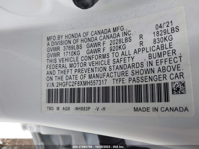 2021 HONDA CIVIC SPORT VIN: 2HGFC2F8XMH557317