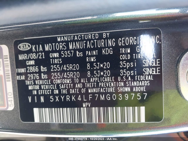 2021 KIA SORENTO SX PRESTIGE VIN: 5XYRK4LF7MG039757